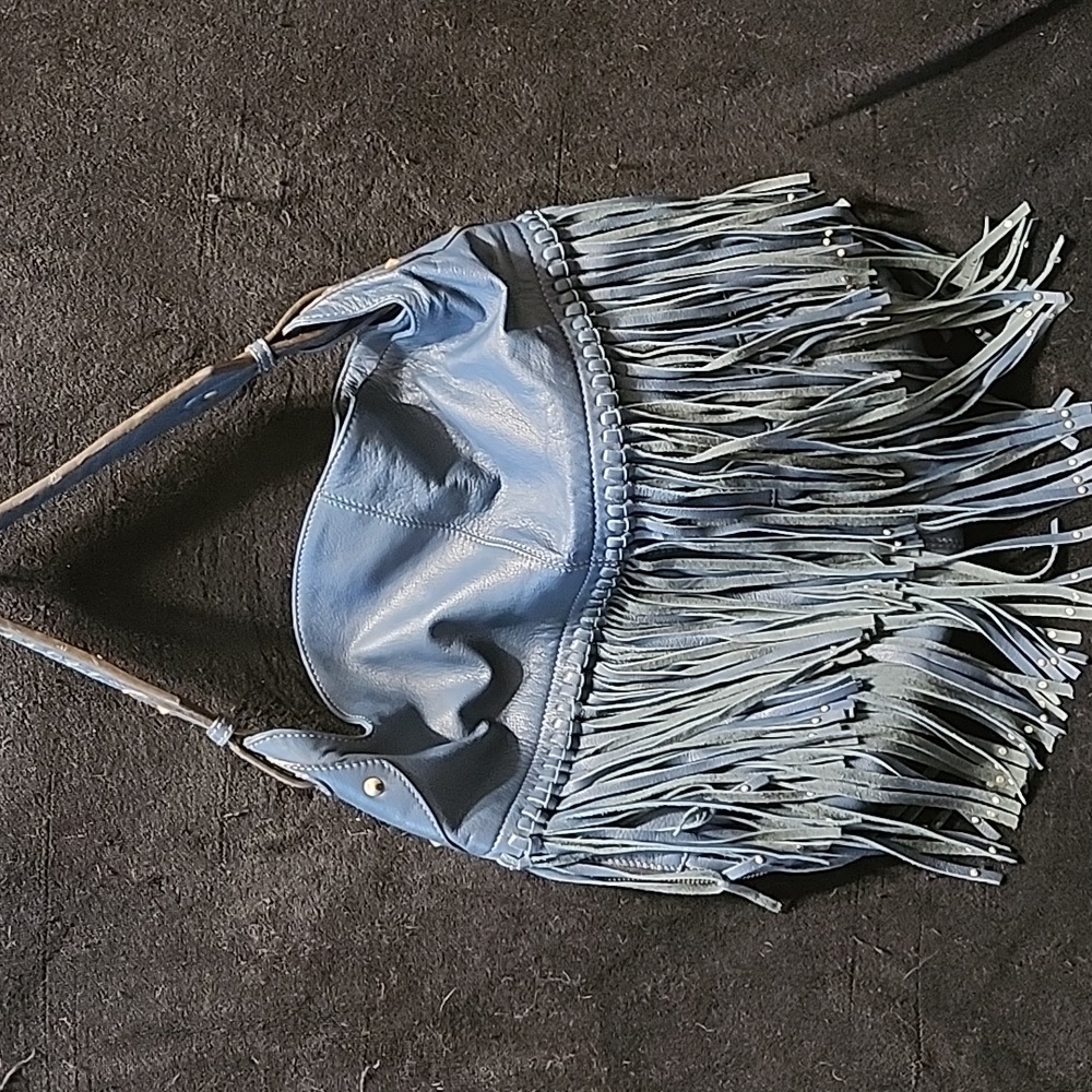 Blue genuine leather fringe purse (hidden conceal and carry pocket)